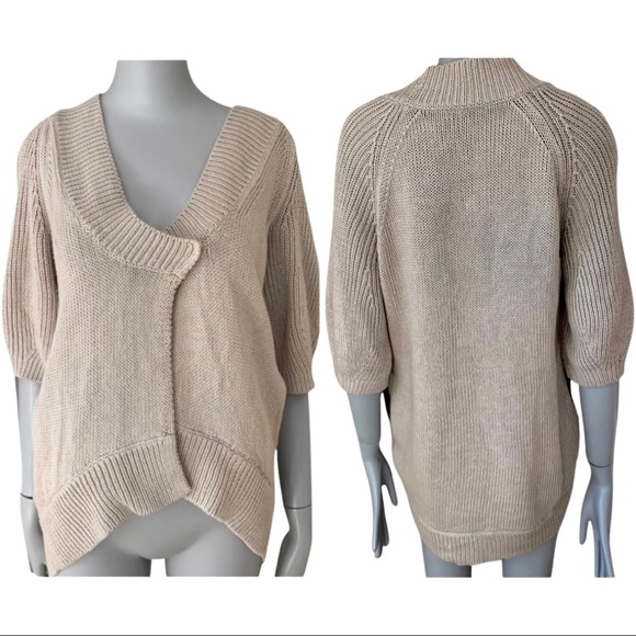 Theory Sweaters - THEORY Cardigan Sweater Linen Cotton High Low Hem Beige 3/4 Sleeves V-Neck